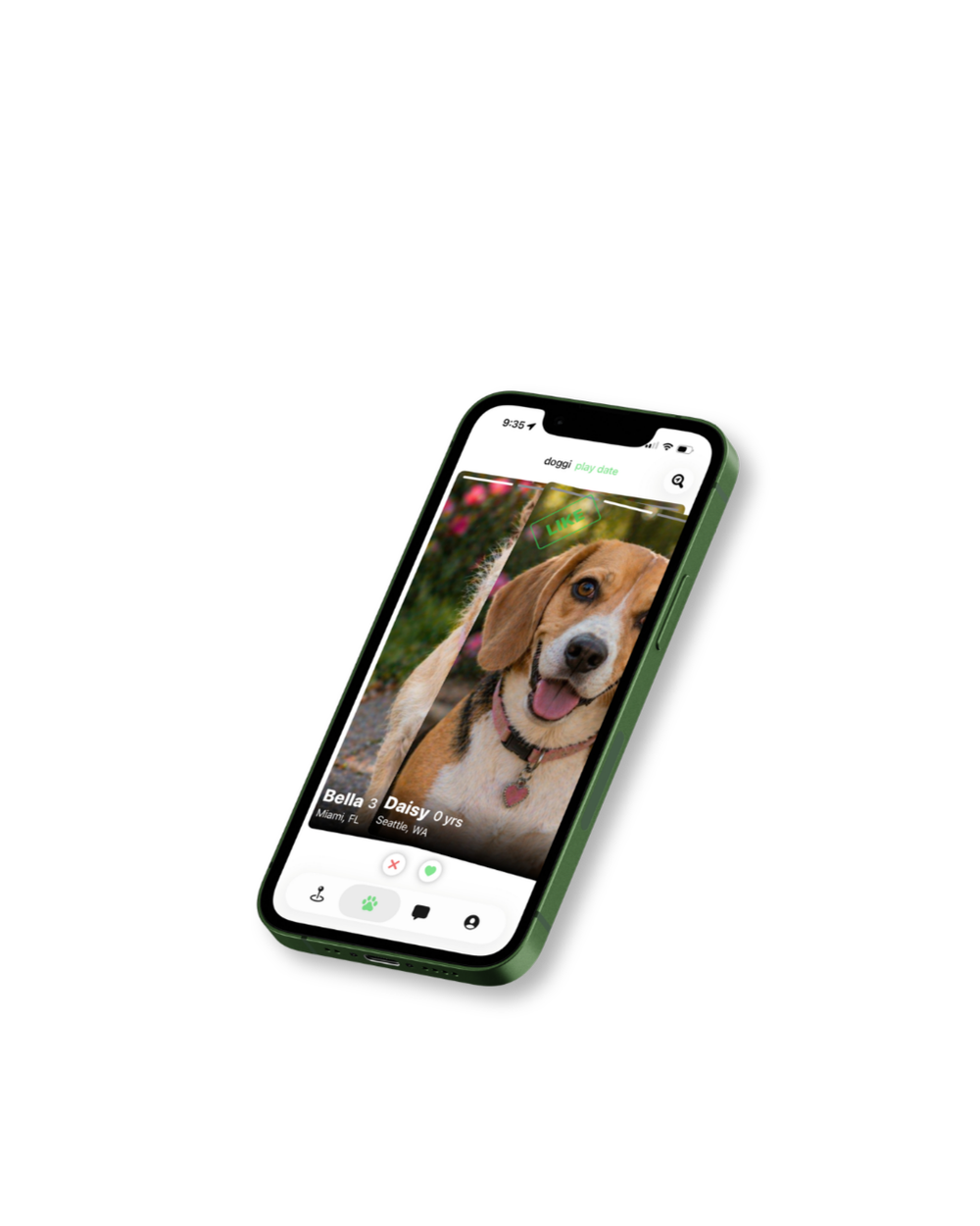 Smartphone screen showing a dog profile in the Doggi app, with a picture of a happy beagle and options to swipe left or right.